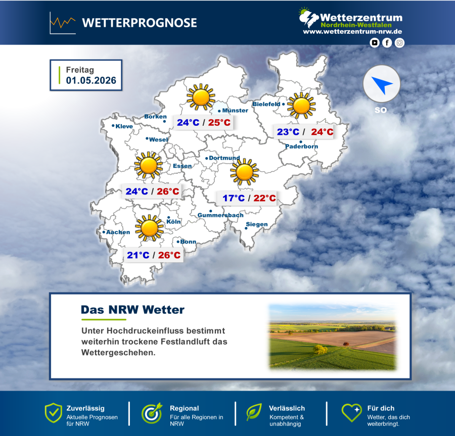 Vorhersagekarte für NRW für den 01.05.2026