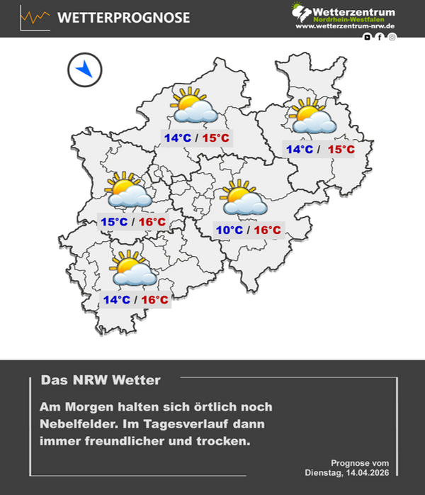 Vorhersagekarte für NRW für den 14.04.26