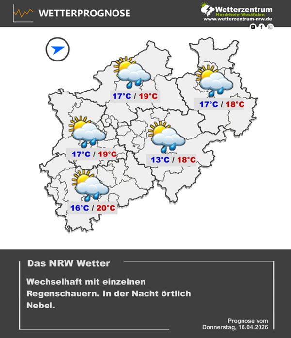 Vorhersagekarte für NRW für den 16.04.26