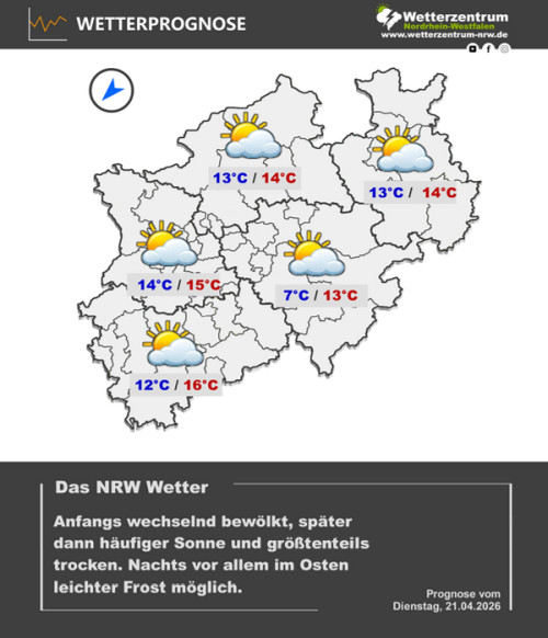 Vorhersagekarte für NRW für den 21.04.26