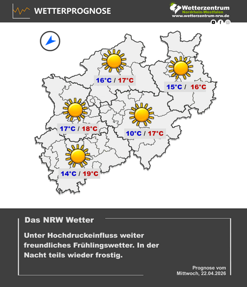 Vorhersagekarte für NRW für den 22.04.26