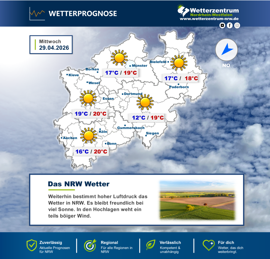 Vorhersagekarte für NRW für den 29.04.2026