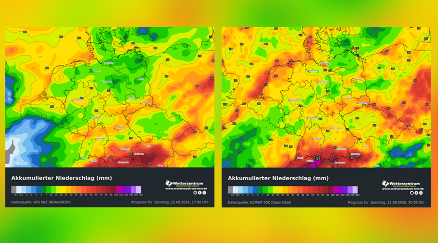 Modellvergleich: Akkumulierter Niederschlag für 20.08.26 GFS u. ECMWF