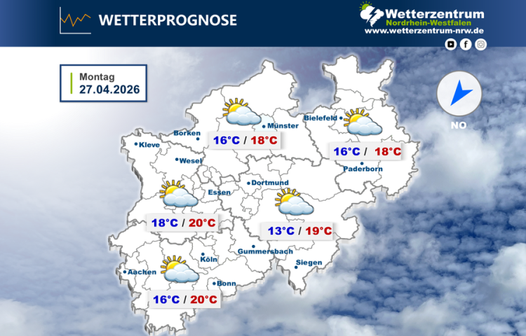 Das NRW Wetter für heute Montag, 27.04.2026
