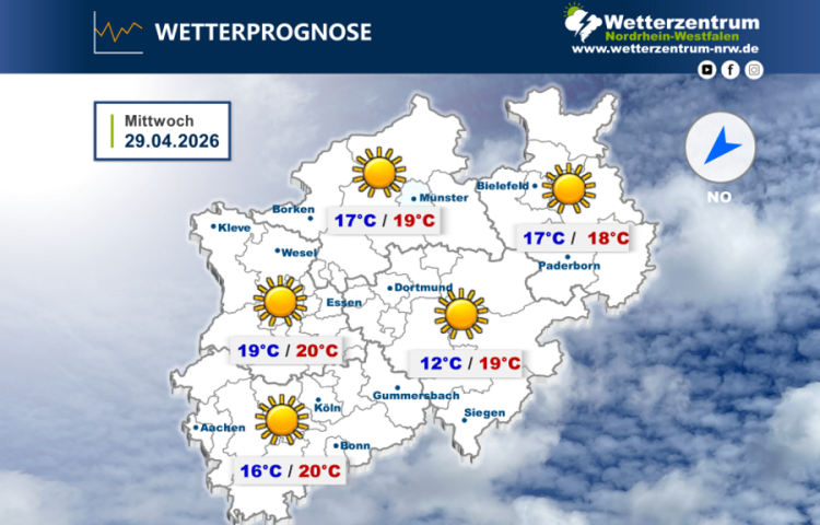 Das NRW Wetter für heute Mittwoch, 29.04.2026