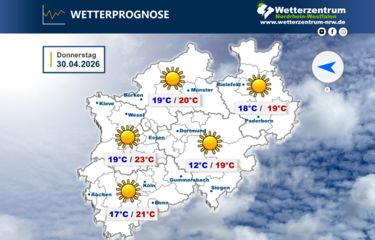 Das NRW Wetter für heute Donnerstag, 30.04.2026