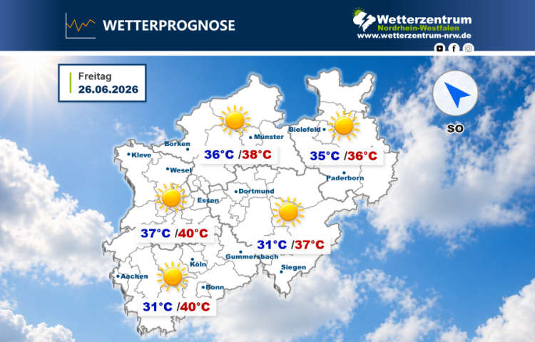 Das NRW Wetter für heute Freitag, 26.06.2026