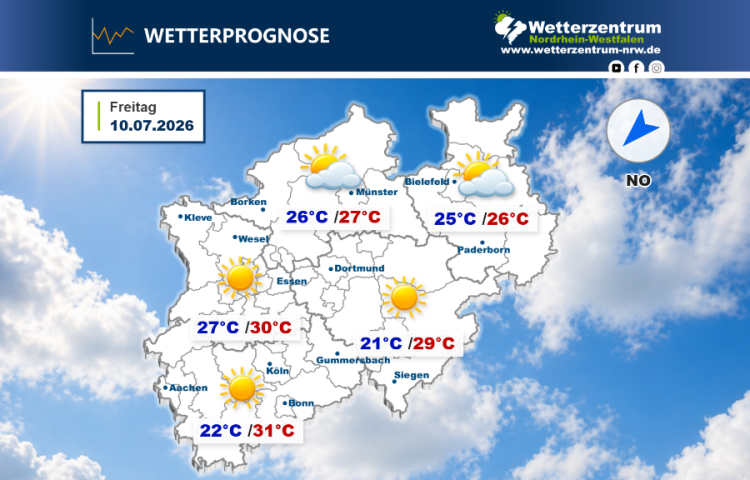 Das NRW Wetter für heute Freitag, 10.07.2026